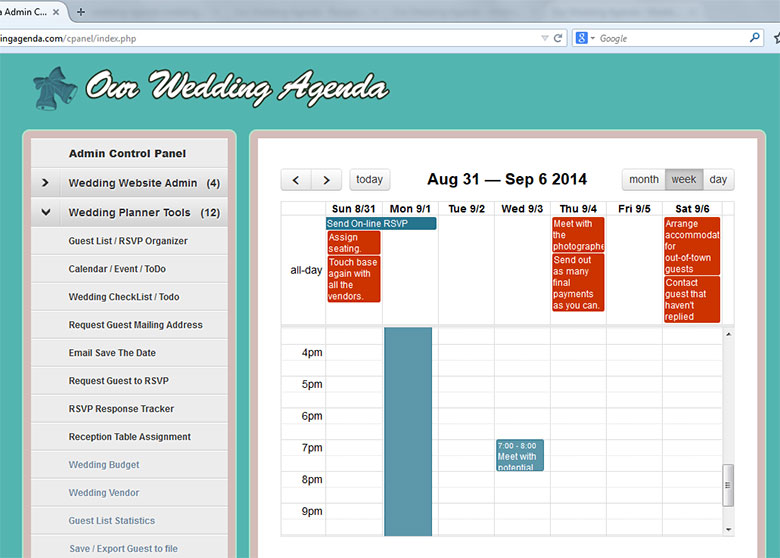 wedding calendar& event week view