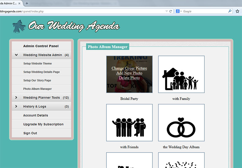 wedding agenda website control panel admin page