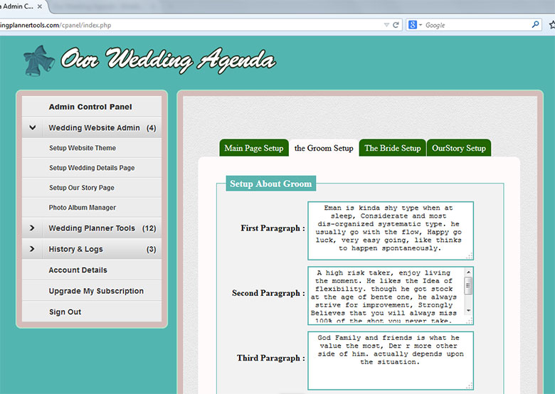 wedding website setup wedding story page